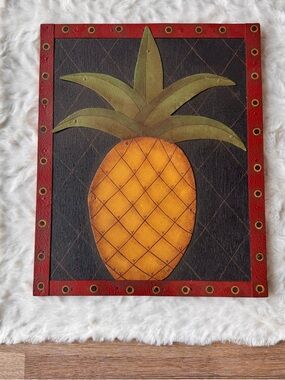 Folk-Art Style Pineapple Plaque Wall Hanging Wood and Metal 14” W x 11.5” H
